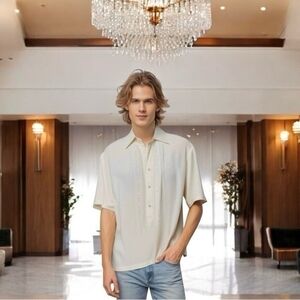 Burda Men's Off White Ivory Embroidered Front Tee XL Short Sleeve Vintage NWOT